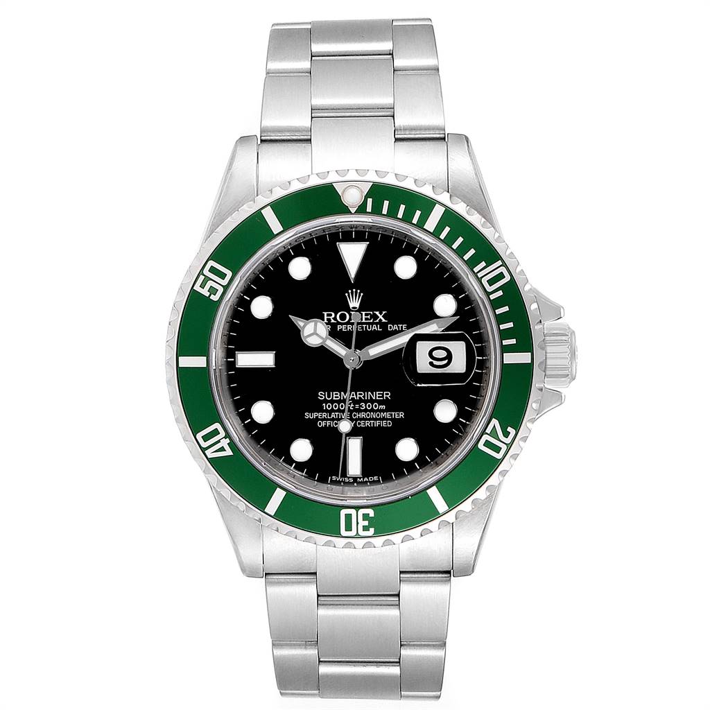 This image shows a front view of the Rolex Submariner 16610LV Men's Stainless Steel Black Dial 16610LV Men's Stainless Steel Black Dial watch, displaying the face, bezel, and bracelet.