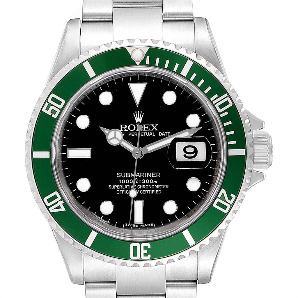 The image shows a front view of a Rolex Submariner 16610LV Men's Stainless Steel Black Dial 16610LV Men's Stainless Steel Black Dial watch with a green bezel and date magnifier.