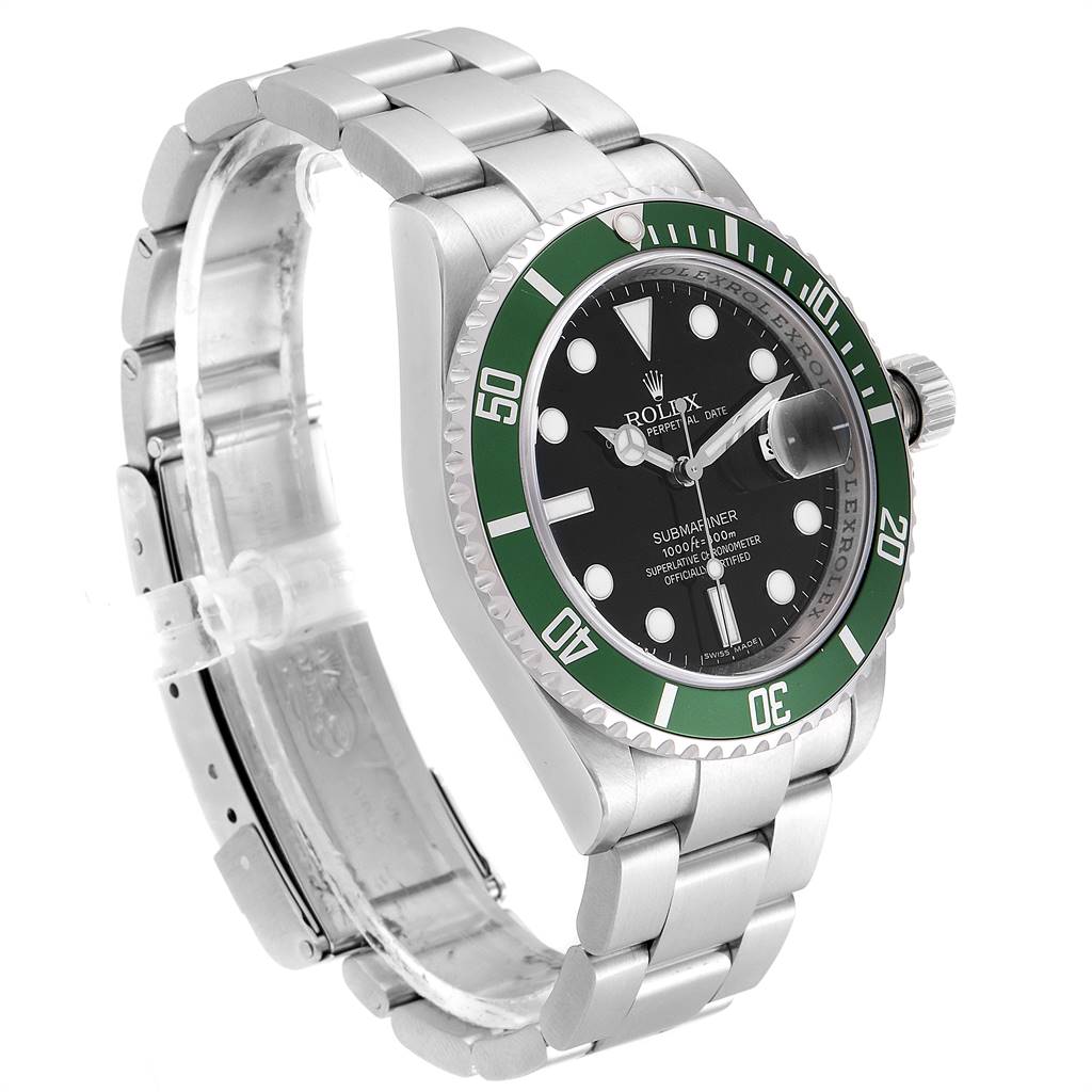 The image shows a Rolex Submariner 16610LV Men's Stainless Steel Black Dial 16610LV Men's Stainless Steel Black Dial watch at a 3/4 angle, highlighting the face, bezel, and stainless steel bracelet.