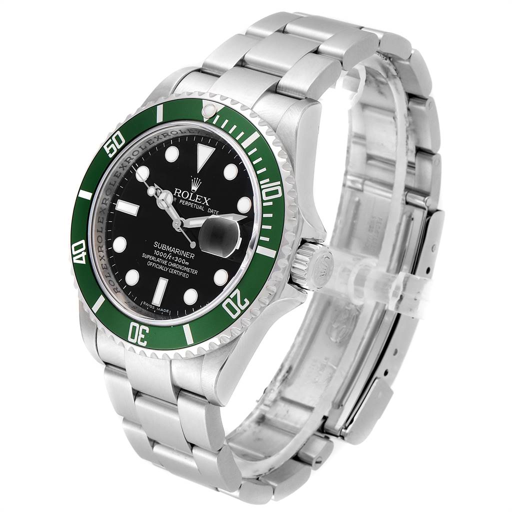 This image shows a Rolex Submariner 16610LV Men's Stainless Steel Black Dial 16610LV Men's Stainless Steel Black Dial watch at a three-quarter angle, highlighting its green bezel, black dial, and metal bracelet.