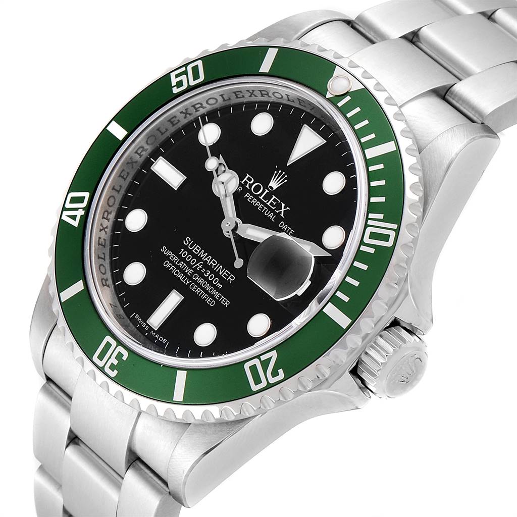 The image shows a Rolex Submariner 16610LV Men's Stainless Steel Black Dial 16610LV Men's Stainless Steel Black Dial watch at a three-quarter angle, highlighting its green bezel, dial, and metal bracelet.