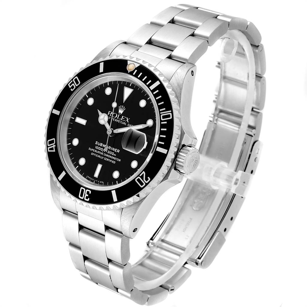 This image shows a Rolex Submariner 16610 Men
s Stainless Steel Black Dial 16610 Men
s Stainless Steel Black Dial watch at a three-quarter angle, highlighting its face, bezel, crown, and bracelet.