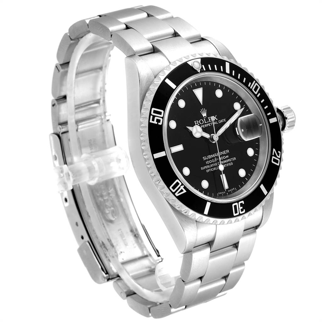 The Rolex Submariner 16610 Men
s Stainless Steel Black Dial 16610 Men
s Stainless Steel Black Dial watch is shown at a slight side angle, highlighting the face, bezel, crown, and stainless steel bracelet.