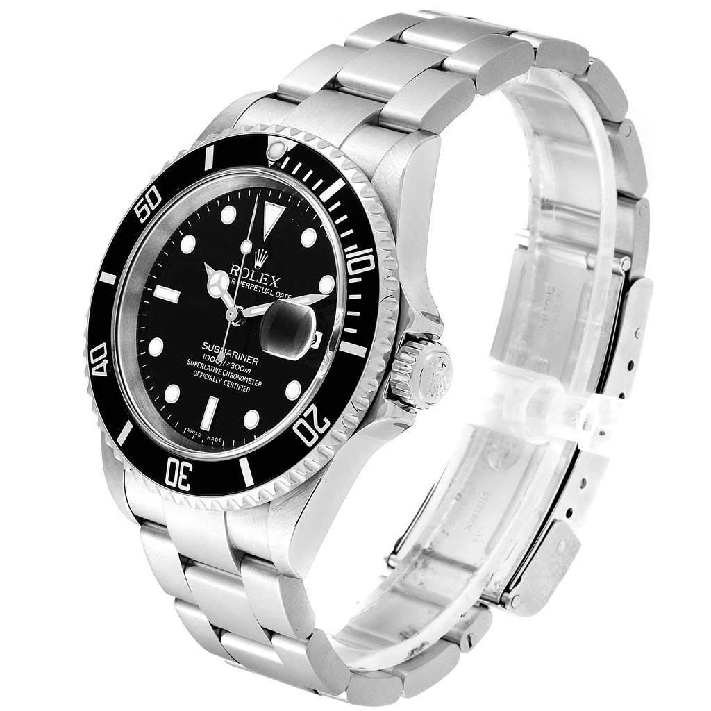 The image shows a Rolex Submariner 16610 Men
s Stainless Steel Black Dial 16610 Men
s Stainless Steel Black Dial watch at a 3/4 angle, highlighting its bezel, dial, crown, and stainless steel bracelet.