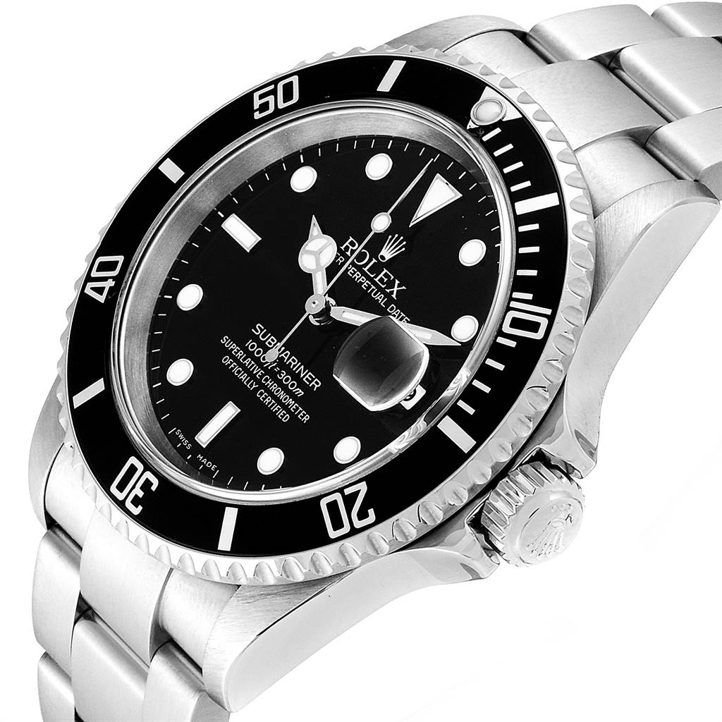 The image shows a Rolex Submariner 16610 Men
s Stainless Steel Black Dial 16610 Men
s Stainless Steel Black Dial watch from an angled side view, highlighting the dial, bezel, and part of the bracelet and crown.