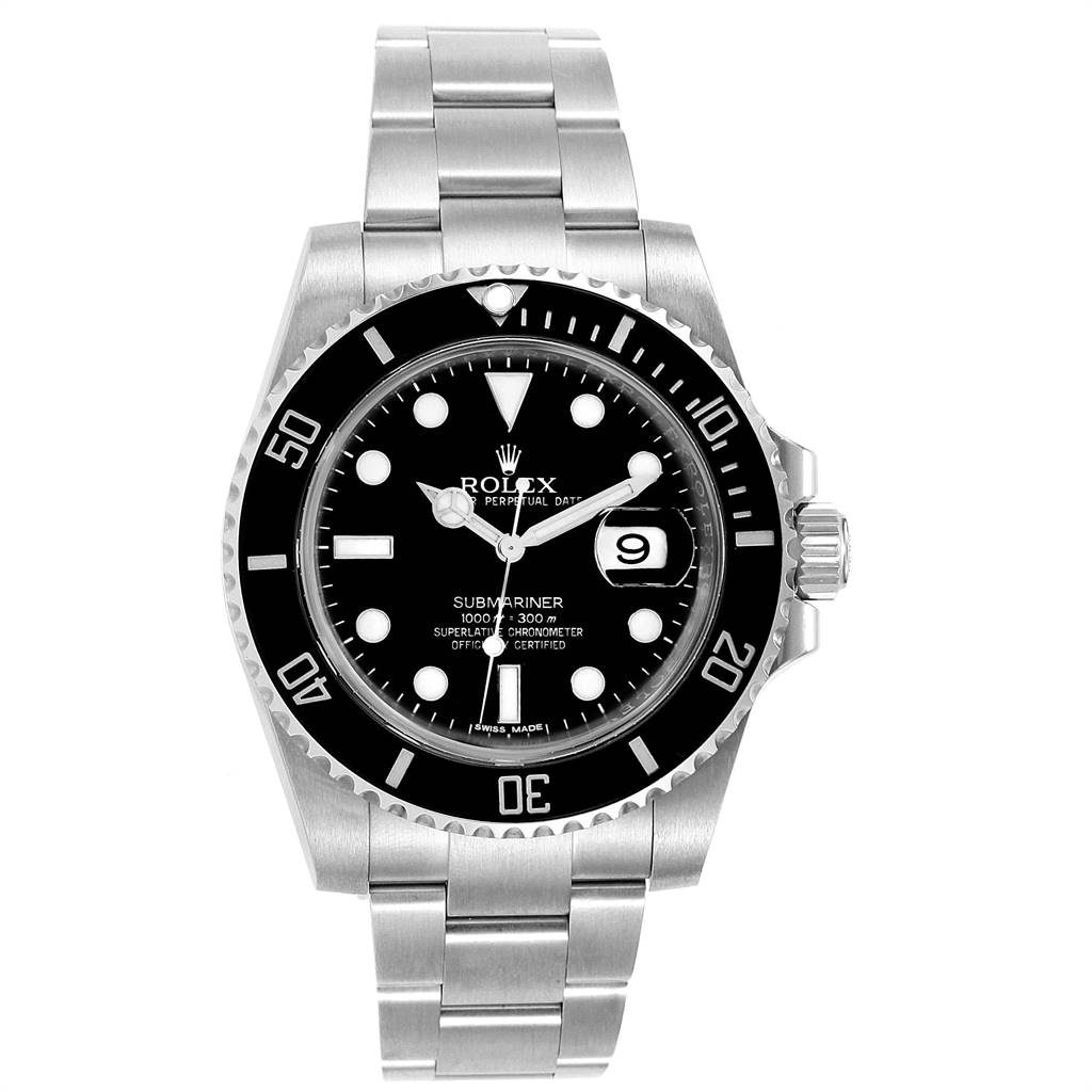 This image shows a front view of the Rolex Submariner 116610 Men's Stainless Steel Black Dial 116610 Men's Stainless Steel Black Dial watch, highlighting its dial, bezel, case, and bracelet.