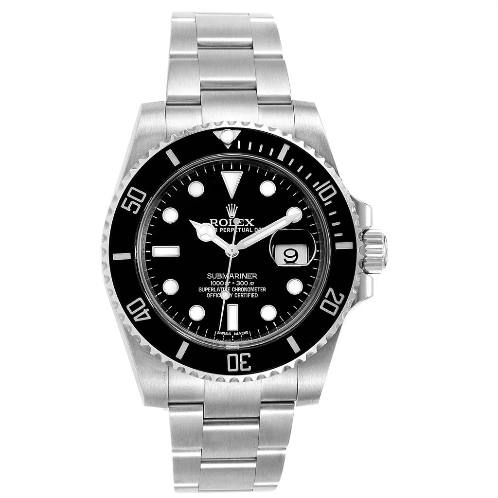 The image shows a front view of a Rolex Submariner 116610 Men's Stainless Steel Black Dial 116610 Men's Stainless Steel Black Dial watch, highlighting its face, bezel, and bracelet.