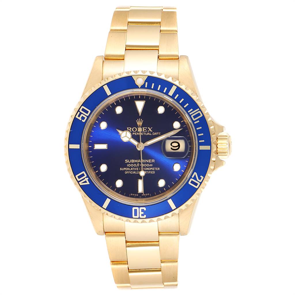 This image features a frontal view of a Rolex Submariner 16618 Men's Yellow Gold Blue Dial 16618 Men's Yellow Gold Blue Dial watch, showcasing the dial, bezel, case, and bracelet.