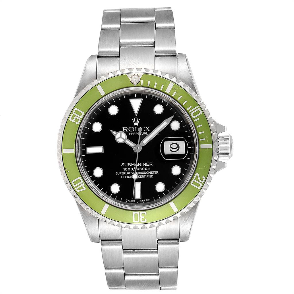 This image shows a front view of a Rolex Submariner 16610LV Men's Stainless Steel Black Dial 16610LV Men's Stainless Steel Black Dial watch displaying the dial, bezel, case, and bracelet.