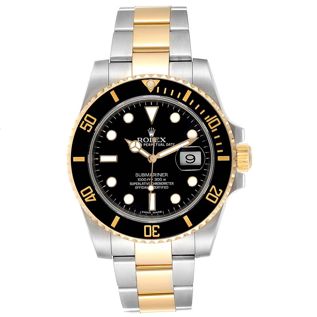 The image shows a front view of a Rolex Submariner 116613 Men's Steel and Gold (two tone) Black Dial 116613 Men's Steel and Gold (two tone) Black Dial model, featuring a black dial, gold-accented bezel, and two-tone bracelet.