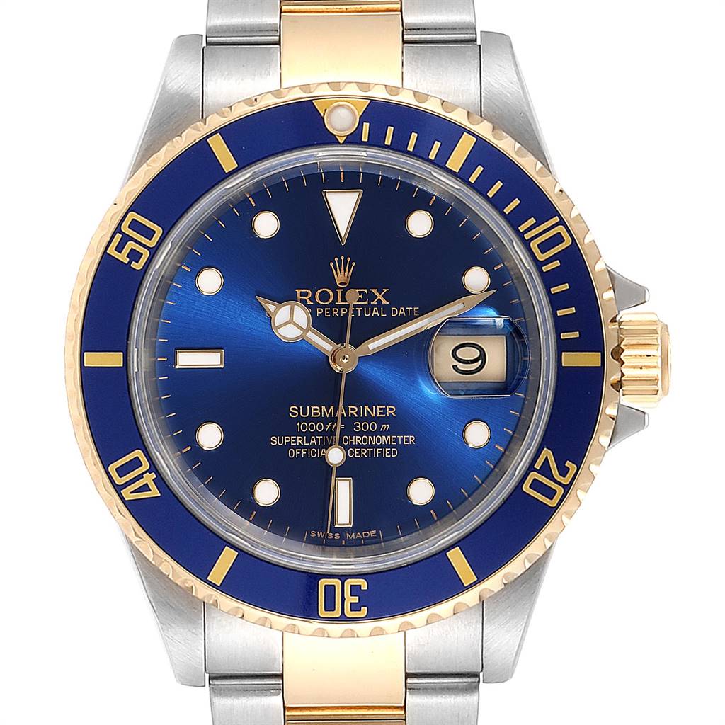 The image shows a front view of a Rolex Submariner 16613 Men's Steel and Gold (two tone) Blue Dial 16613 Men's Steel and Gold (two tone) Blue Dial watch, highlighting its blue dial, bezel, and two-tone stainless steel and gold bracelet.