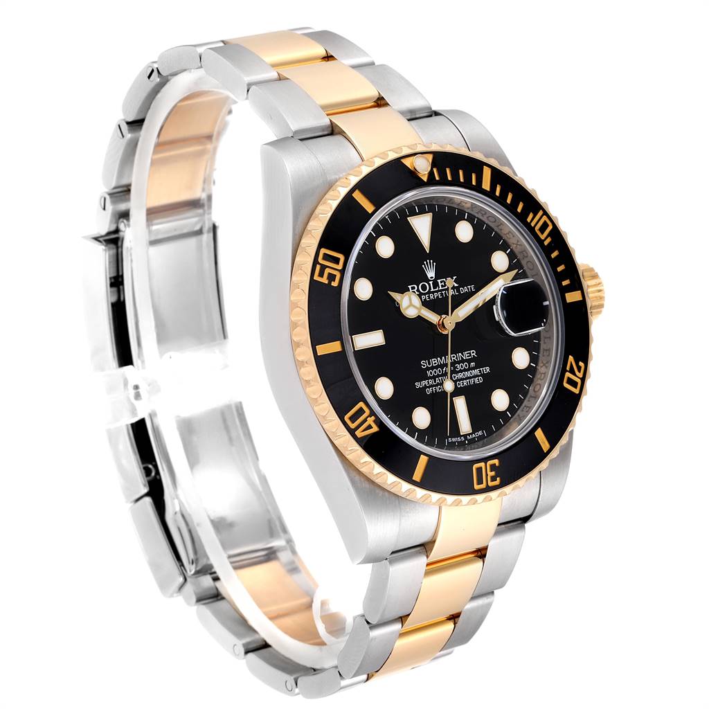 This image shows a Rolex Submariner 116613 Men's Steel and Gold (two tone) Black Dial 116613 Men's Steel and Gold (two tone) Black Dial watch at a three-quarter angle, highlighting its black and gold bezel and two-tone metal bracelet.
