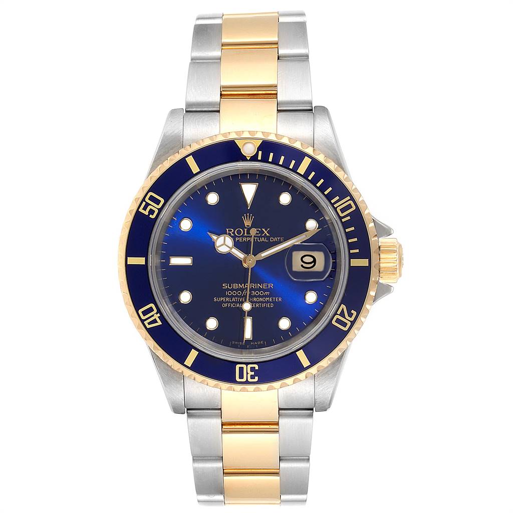 The Rolex Submariner 16613 Men
s Steel and Gold (two tone) Blue Dial 16613 Men
s Steel and Gold (two tone) Blue Dial watch is shown from a front angle, highlighting its dial, bezel, and bracelet.