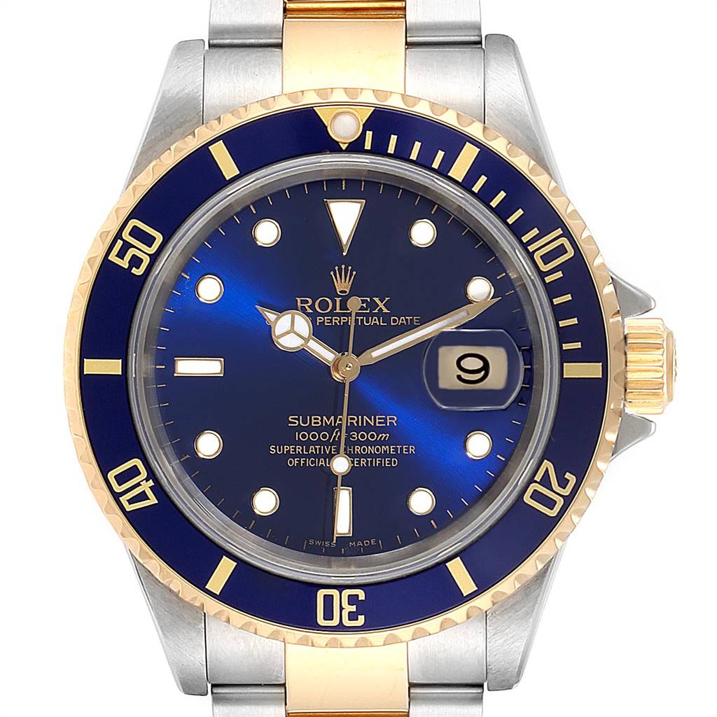 This Rolex Submariner 16613 Men
s Steel and Gold (two tone) Blue Dial 16613 Men
s Steel and Gold (two tone) Blue Dial watch is shown from the front, highlighting its blue dial and bezel, and steel and gold bracelet.