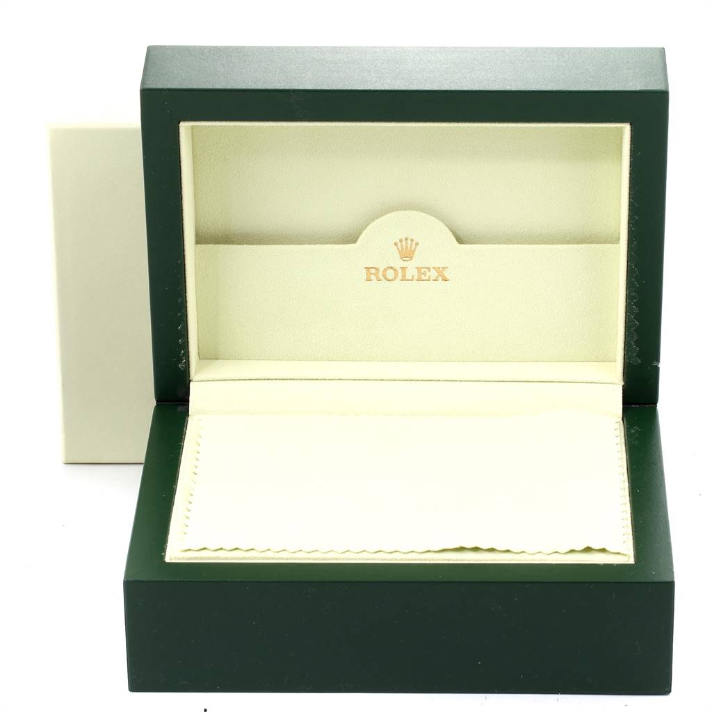 The image shows an open Rolex Submariner 16613 Men
s Steel and Gold (two tone) Blue Dial 16613 Men
s Steel and Gold (two tone) Blue Dial watch box viewed from the front, with no watch inside.