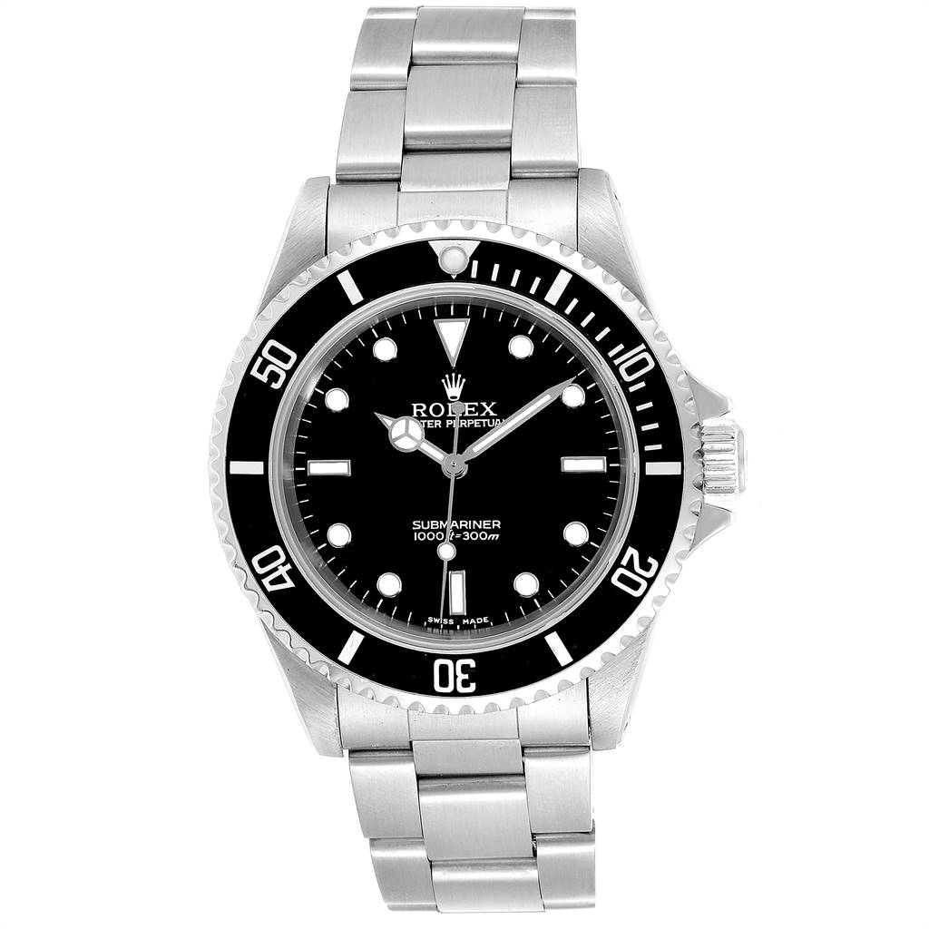 The image shows a front view of a Rolex Submariner 14060 Men's Stainless Steel Black Dial 14060 Men's Stainless Steel Black Dial watch, displaying its dial, bezel, and stainless steel bracelet.
