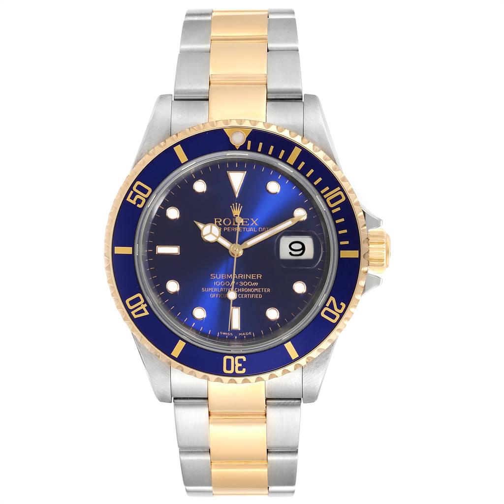 This image shows a front view of the Rolex Submariner 16613 Men's Steel and Gold (two tone) Blue Dial 16613 Men's Steel and Gold (two tone) Blue Dial watch, featuring its face, bezel, and bracelet.