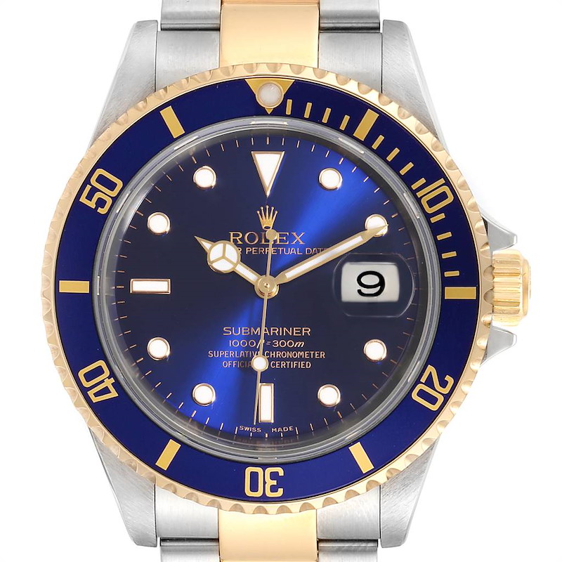Rolex Submariner Purple Blue Dial Steel Yellow Gold Mens Watch 16613 SwissWatchExpo
