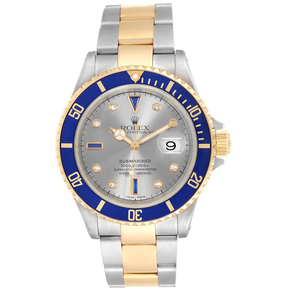 The image shows a front view of a Rolex Submariner 16613 Men's Steel and Gold (two tone) Grey Dial 16613 Men's Steel and Gold (two tone) Grey Dial watch with a blue bezel and a silver and gold bracelet.