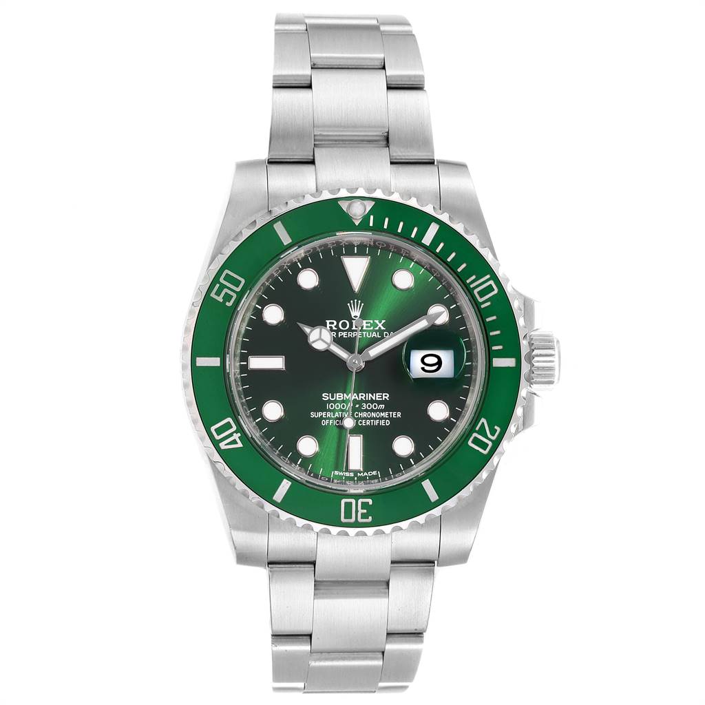 The image shows a front view of a Rolex Submariner 116610LV Men's Stainless Steel Green Dial 116610LV Men's Stainless Steel Green Dial watch with a green bezel and dial, displaying its face, bracelet, and crown.
