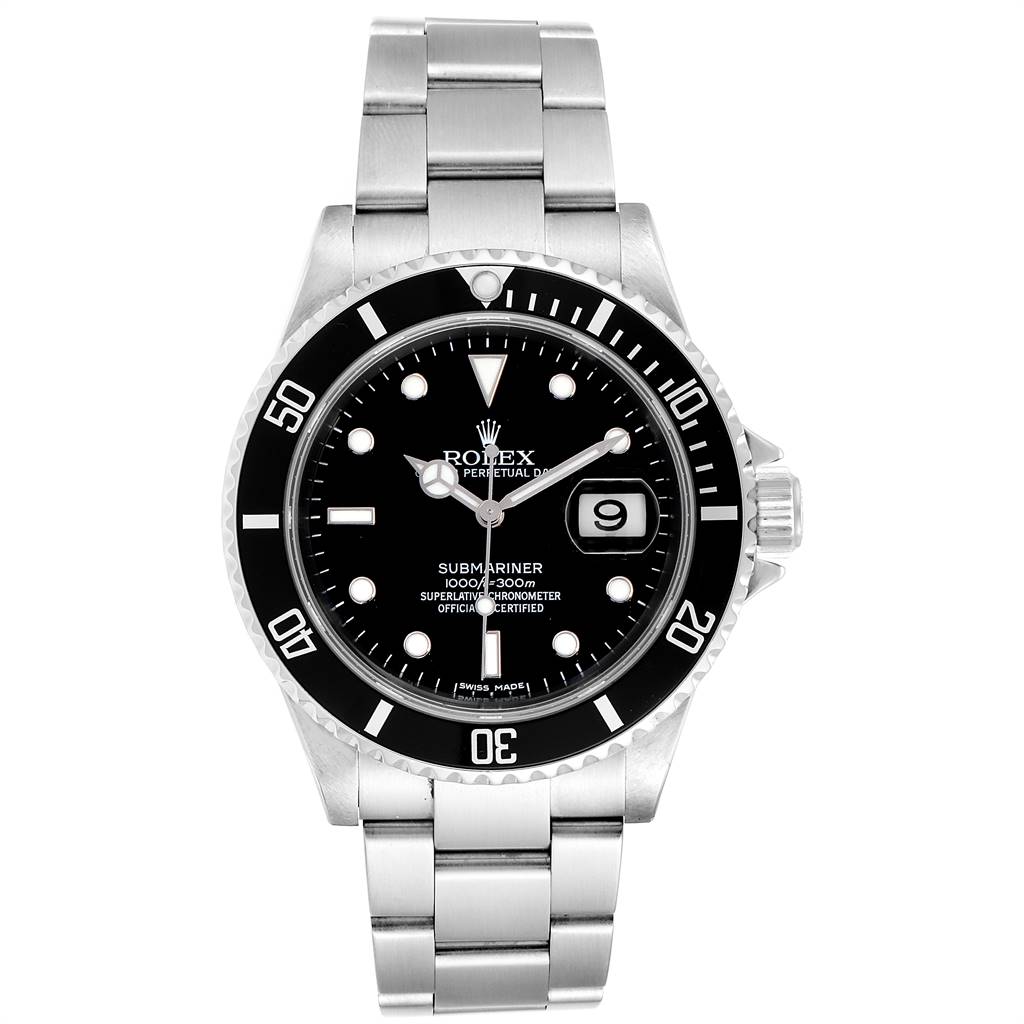 The Rolex Submariner 16610 Men's Stainless Steel Black Dial 16610 Men's Stainless Steel Black Dial watch is shown from a top-down angle, displaying the face, bezel, crown, and bracelet.