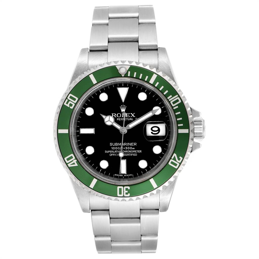 This image shows a front view of the Rolex Submariner 16610LV Men's Stainless Steel Black Dial 16610LV Men's Stainless Steel Black Dial watch, featuring its green bezel, black dial, and stainless steel bracelet.