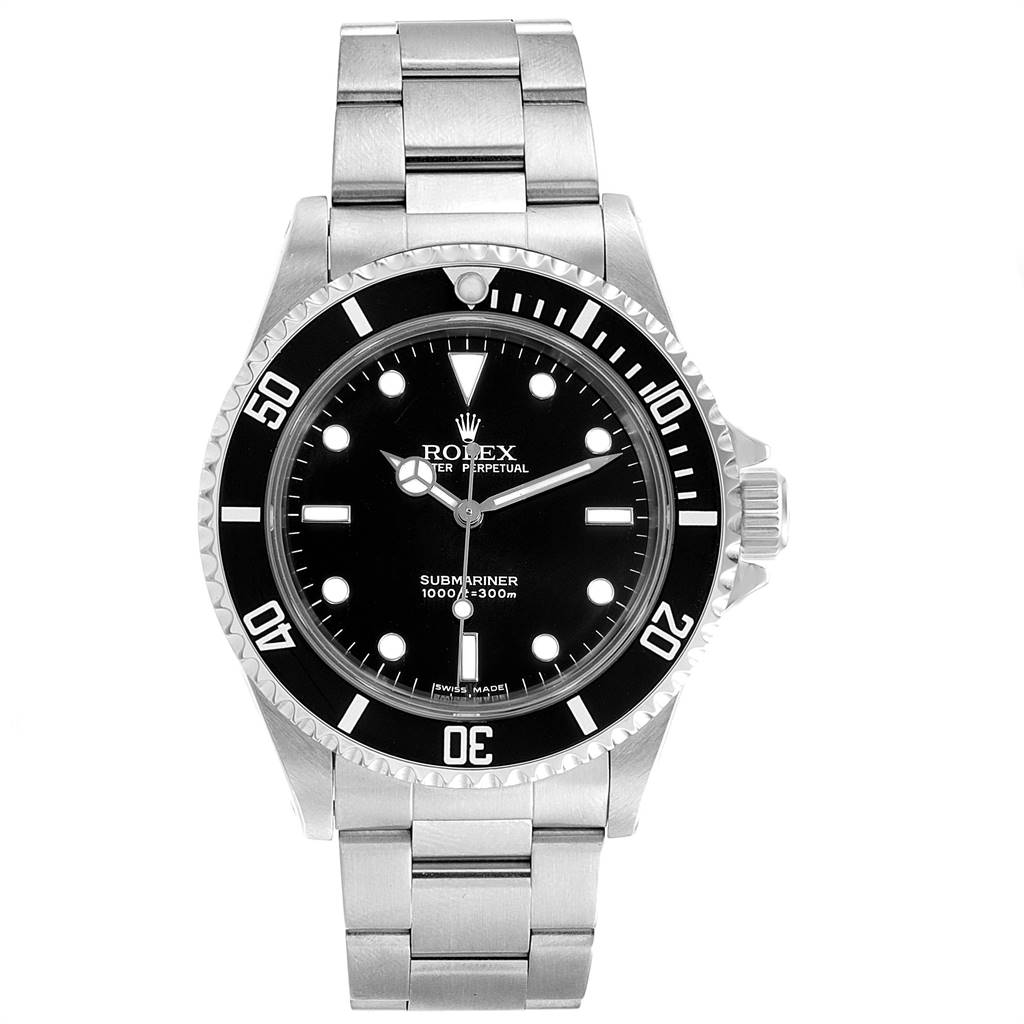 The image shows a front view of a Rolex Submariner 14060 Men's Stainless Steel Black Dial 14060 Men's Stainless Steel Black Dial watch, displaying its black dial, bezel, and stainless steel bracelet.