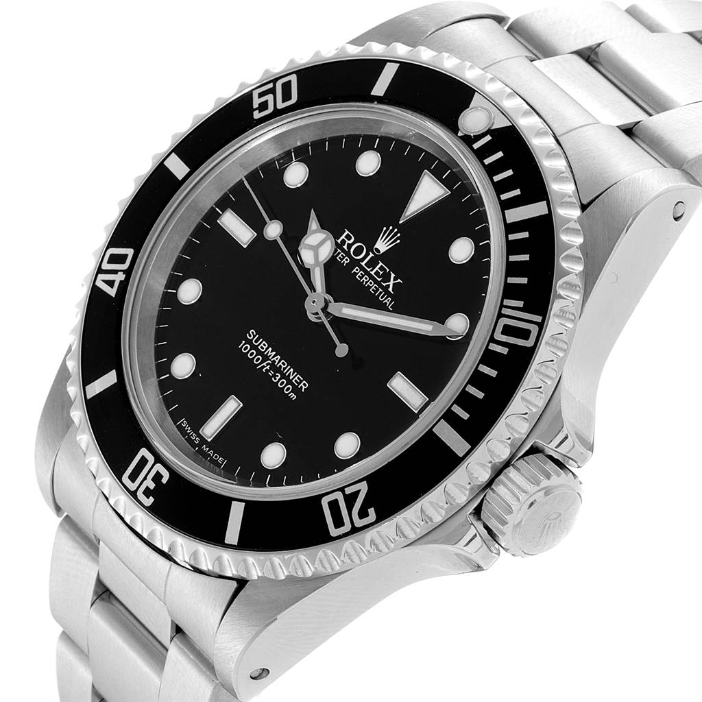 This image shows a Rolex Submariner 14060 Men's Stainless Steel Black Dial 14060 Men's Stainless Steel Black Dial watch from an angled close-up, highlighting the dial, bezel, and part of the bracelet.