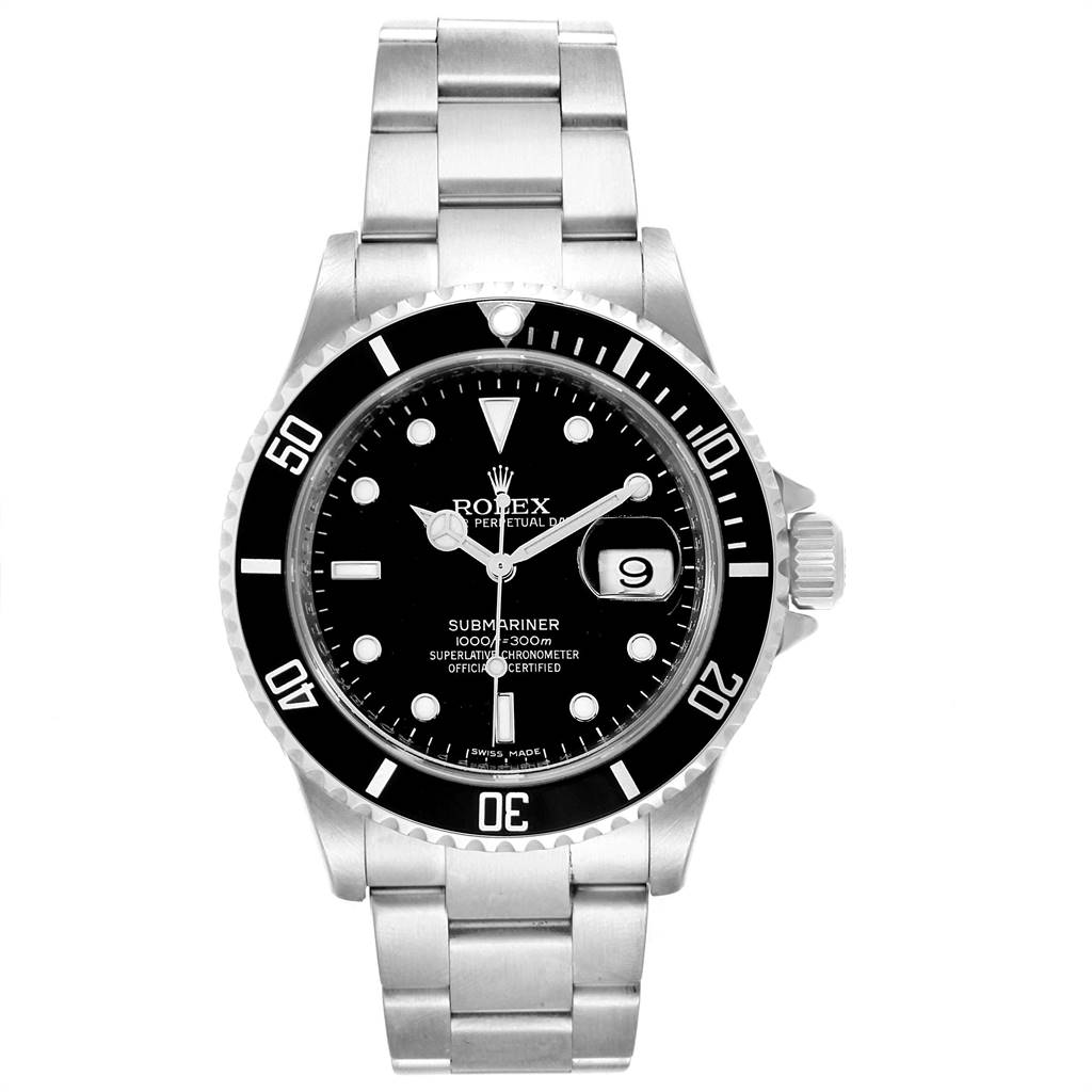 This image shows a front view of a Rolex Submariner 16610 Men's Stainless Steel Black Dial 16610 Men's Stainless Steel Black Dial watch, highlighting its dial, bezel, and bracelet.