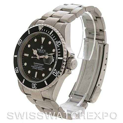 The image shows a side view of a Rolex Submariner 16610 Men's Stainless Steel Black Dial 16610 Men's Stainless Steel Black Dial, highlighting its bezel, dial, crown, and bracelet with a folded clasp.