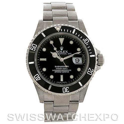 This image shows a front view of a Rolex Submariner 16610 Men's Stainless Steel Black Dial 16610 Men's Stainless Steel Black Dial watch, displaying its dial, bezel, and bracelet.