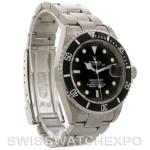 This image shows the Rolex Submariner 16610 Men's Stainless Steel Black Dial 16610 Men's Stainless Steel Black Dial watch from a three-quarter angle, displaying its face, bezel, and metal bracelet.