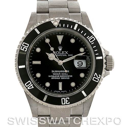 The image shows the front view of a Rolex Submariner 16610 Men's Stainless Steel Black Dial 16610 Men's Stainless Steel Black Dial watch, displaying the face, bezel, crown, and part of the bracelet.