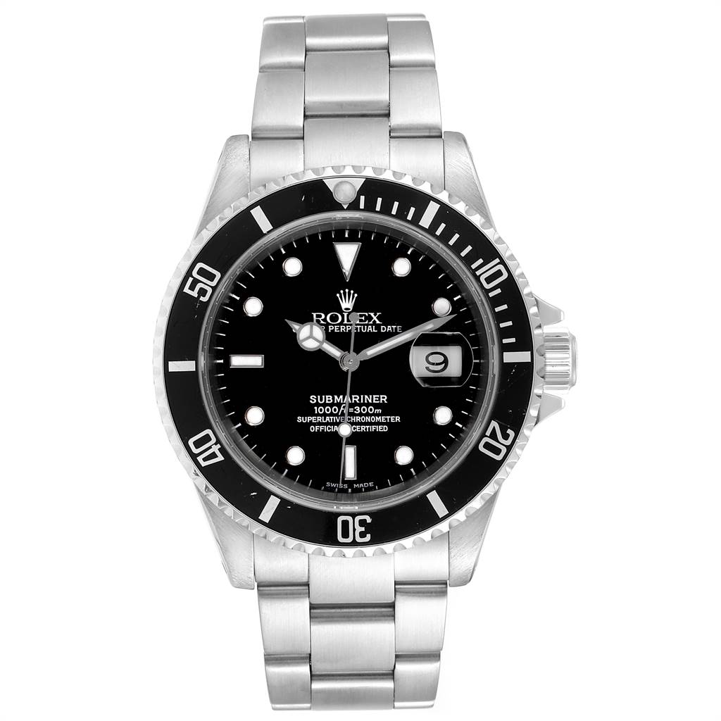 The image shows a Rolex Submariner 16610 Men's Stainless Steel Black Dial 16610 Men's Stainless Steel Black Dial watch, including its face, bezel, and bracelet, viewed from the front.