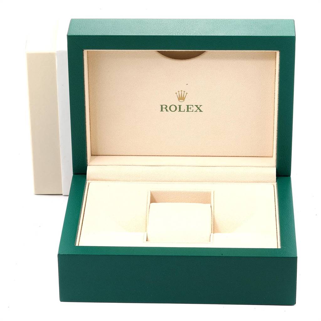 The image shows an open green watch box with the Rolex logo, designed for a Rolex Submariner 116613 Men's Steel and Gold (two tone) Blue Dial 116613 Men's Steel and Gold (two tone) Blue Dial model watch.