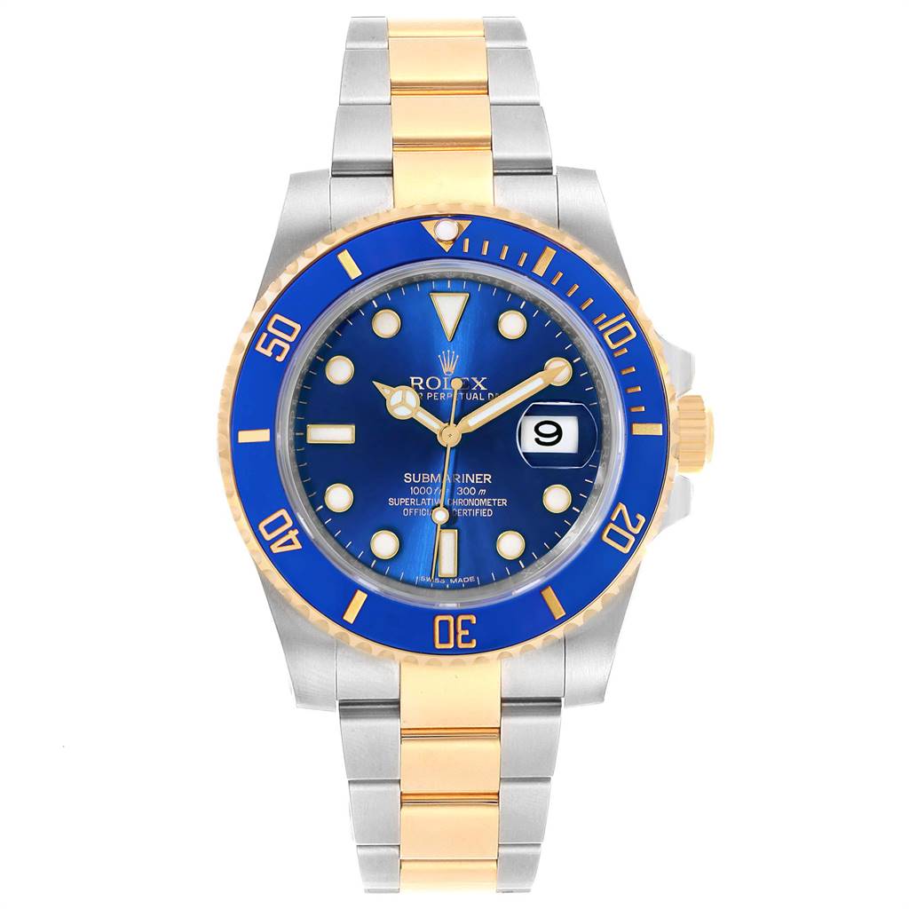 This image shows a front view of a Rolex Submariner 116613 Men's Steel and Gold (two tone) Blue Dial 116613 Men's Steel and Gold (two tone) Blue Dial watch, highlighting its blue dial, bezel, and two-tone bracelet.