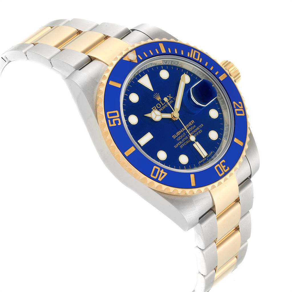 The image shows a side angle of a Rolex Submariner 116613 Men's Steel and Gold (two tone) Blue Dial 116613 Men's Steel and Gold (two tone) Blue Dial watch, highlighting its blue dial, bezel, and two-tone metal bracelet.