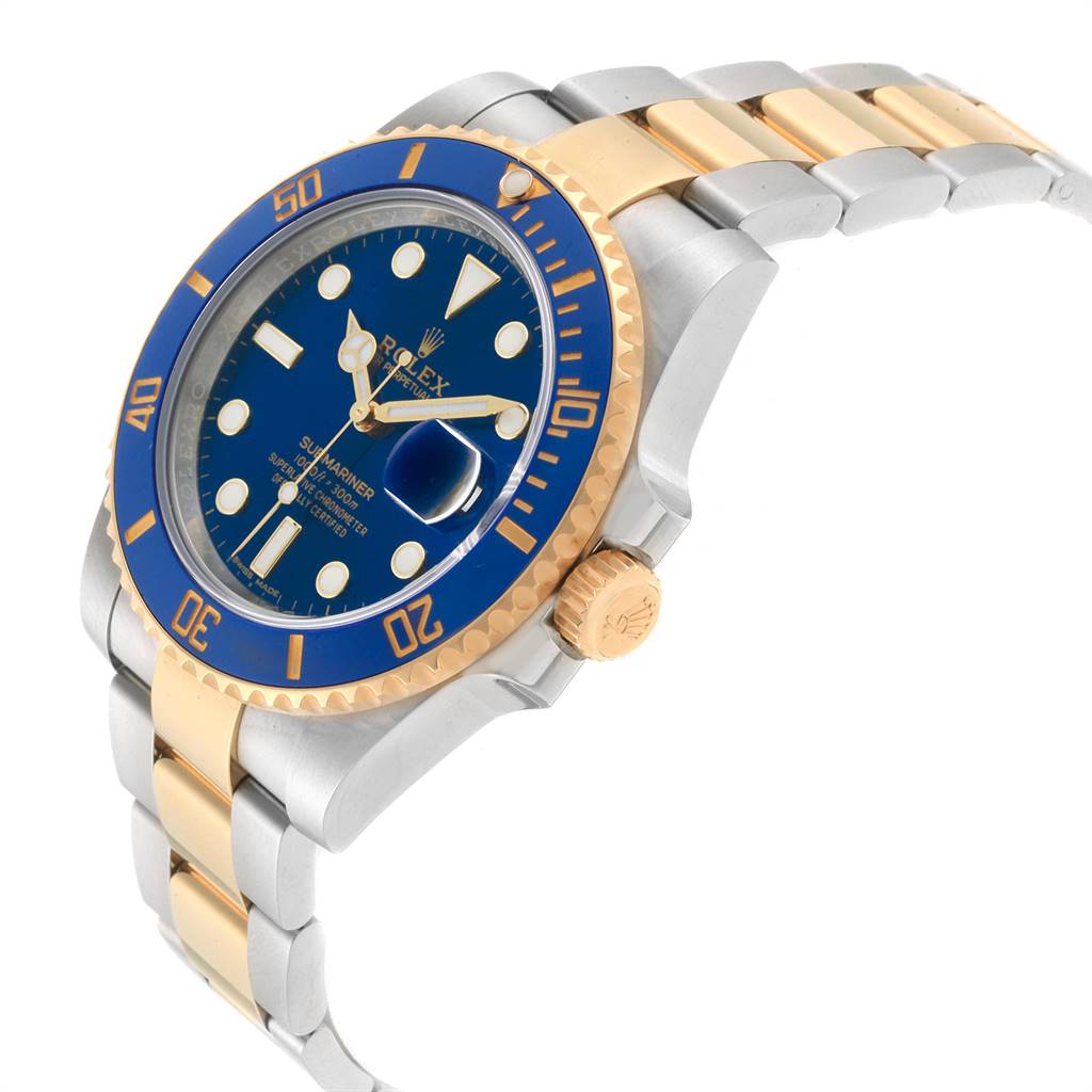 This image shows a side angle of a Rolex Submariner 116613 Men's Steel and Gold (two tone) Blue Dial 116613 Men's Steel and Gold (two tone) Blue Dial, highlighting the blue dial, two-tone bracelet, and crown.
