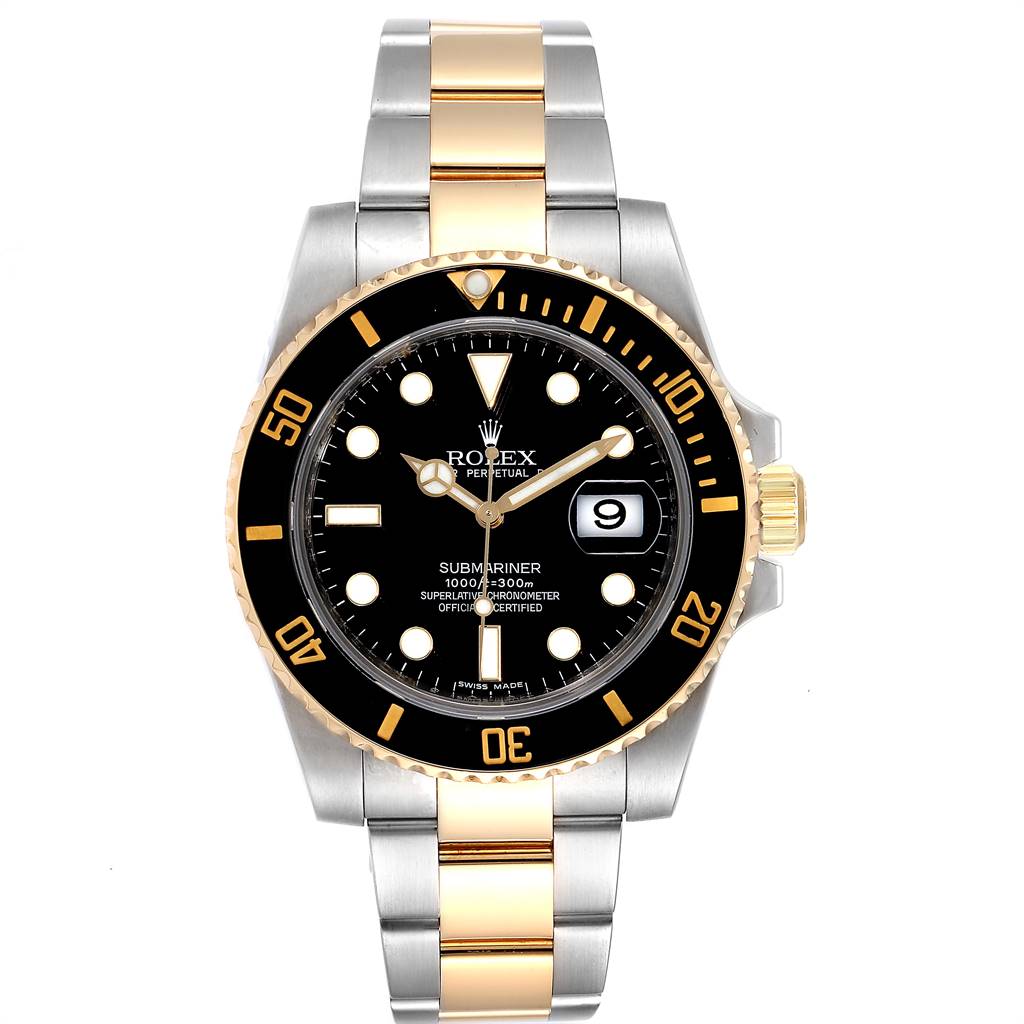 The image shows a front view of a Rolex Submariner 116613 Men
s Steel and Gold (two tone) Black Dial 116613 Men
s Steel and Gold (two tone) Black Dial watch, featuring a black dial, gold accents, and a two-tone metal band.