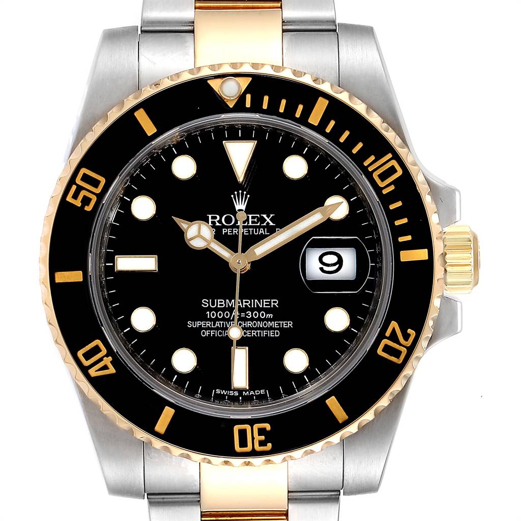 This image shows a front view of the Rolex Submariner 116613 Men
s Steel and Gold (two tone) Black Dial 116613 Men
s Steel and Gold (two tone) Black Dial watch, highlighting the bezel, dial, and part of the bracelet.