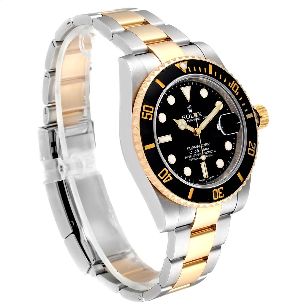 The Rolex Submariner 116613 Men
s Steel and Gold (two tone) Black Dial 116613 Men
s Steel and Gold (two tone) Black Dial is depicted at an angled side view, showing its face, bezel, crown, and two-tone bracelet.