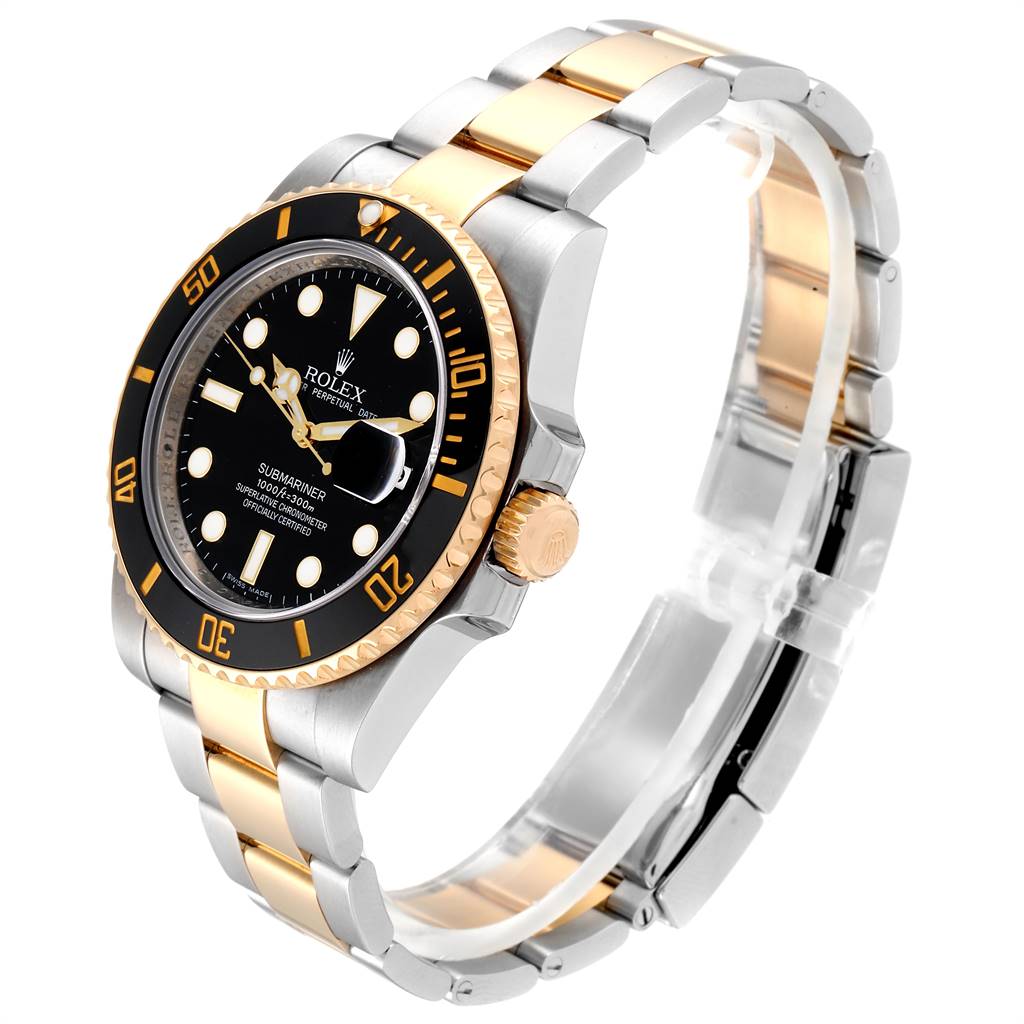 The Rolex Submariner 116613 Men
s Steel and Gold (two tone) Black Dial 116613 Men
s Steel and Gold (two tone) Black Dial watch is shown at a side angle, featuring its bezel, dial, crown, and two-tone bracelet.