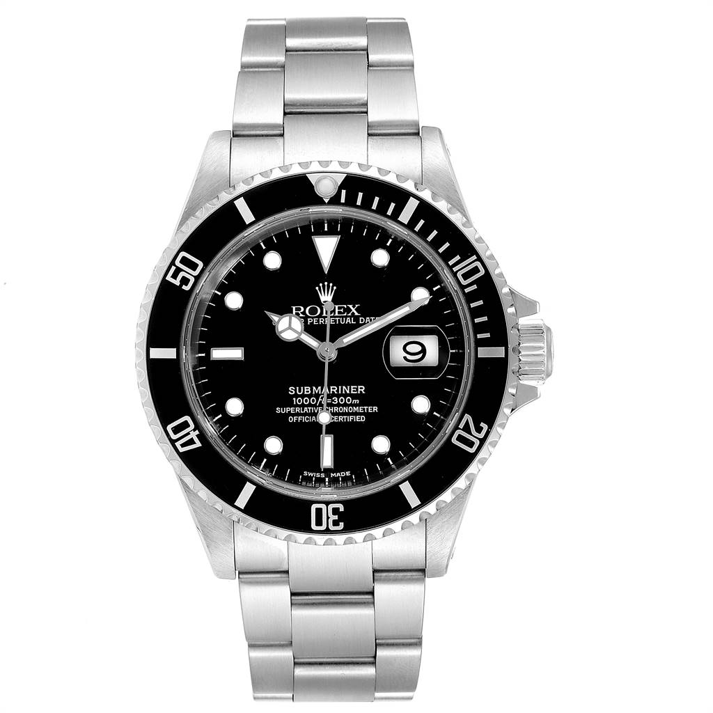 The image shows a front view of a Rolex Submariner 16610 Men
s Stainless Steel Black Dial 16610 Men
s Stainless Steel Black Dial watch, displaying its face, bezel, and bracelet.