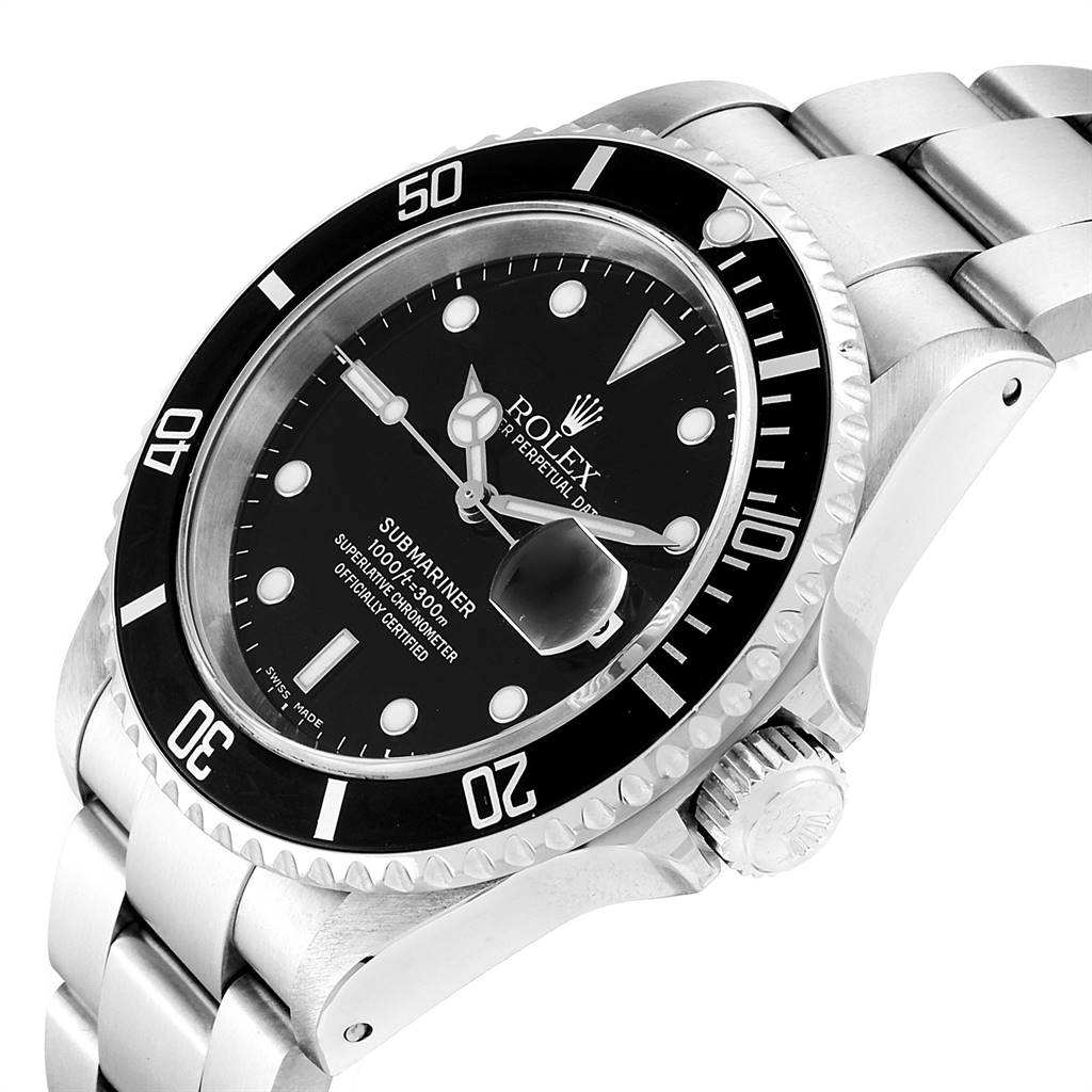 This image shows a Rolex Submariner 16610 Men
s Stainless Steel Black Dial 16610 Men
s Stainless Steel Black Dial watch at a slight angle, highlighting the bezel, dial, crown, and part of the bracelet.