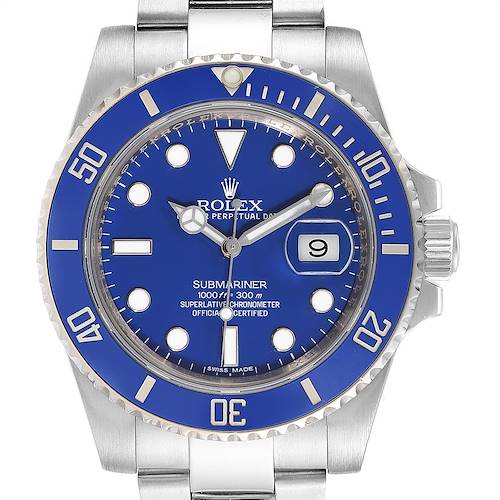 Photo of Rolex Submariner White Gold Blue Dial Ceramic Bezel Watch 116619 Box Card