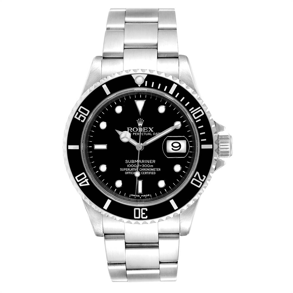 This image shows a front view of a Rolex Submariner 16610 Men
s Stainless Steel Black Dial 16610 Men
s Stainless Steel Black Dial watch, highlighting the dial, bezel, bracelet, and crown.