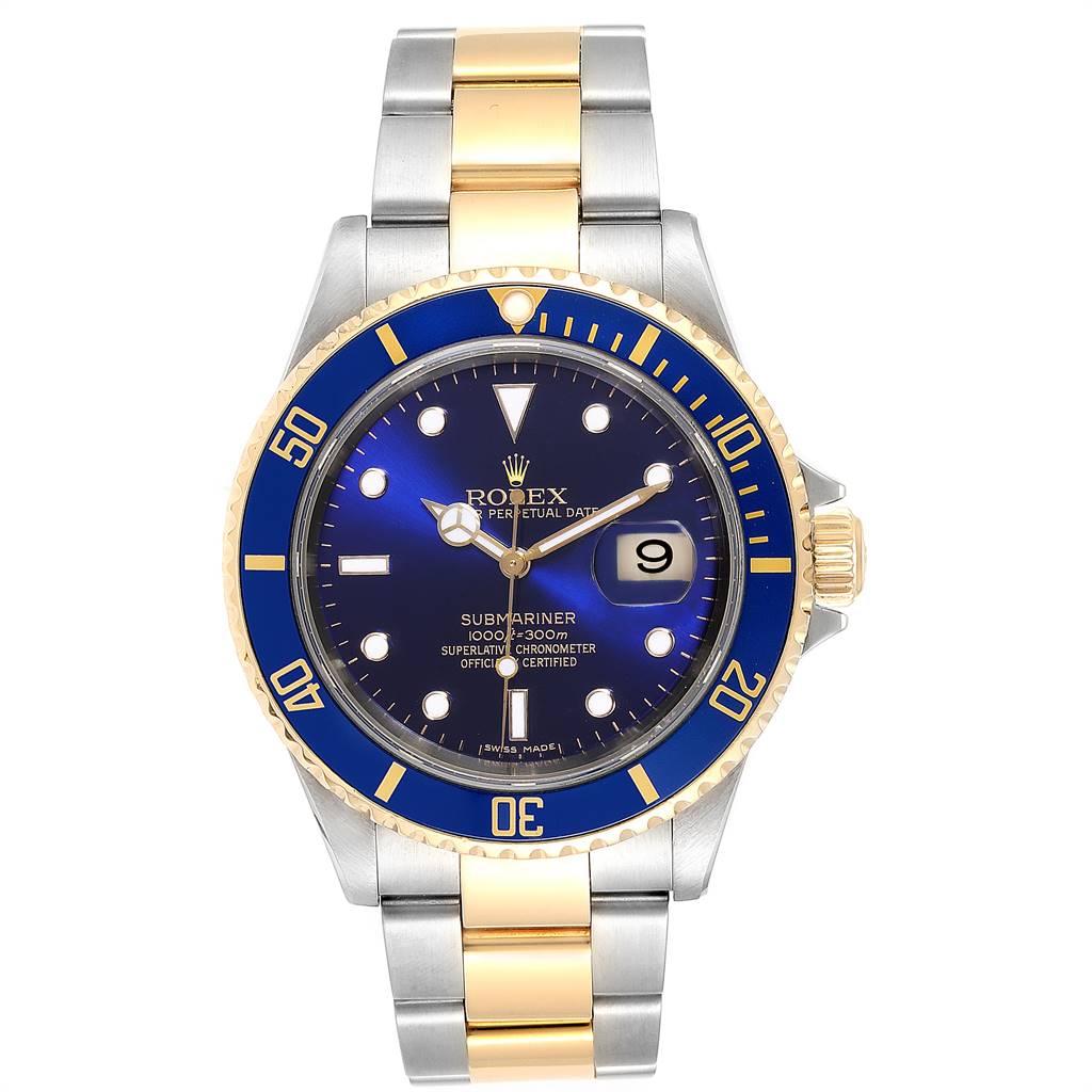This Rolex Submariner 16613 Men
s Steel and Gold (two tone) Blue Dial 16613 Men
s Steel and Gold (two tone) Blue Dial watch is shown from a top-down angle, displaying the dial, bezel, and two-tone bracelet.