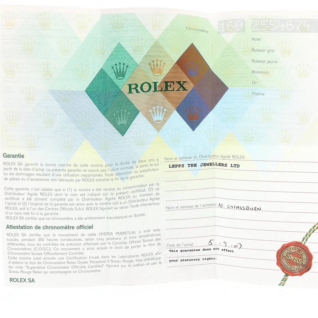 This image shows a guarantee and chronometer certificate document for a Rolex Submariner 16613 Men
s Steel and Gold (two tone) Blue Dial 16613 Men
s Steel and Gold (two tone) Blue Dial watch.