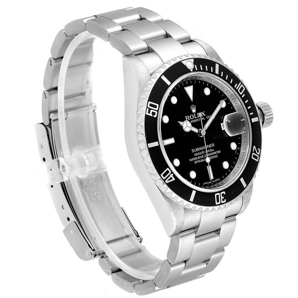 The image shows a Rolex Submariner 16610 Men
s Stainless Steel Black Dial 16610 Men
s Stainless Steel Black Dial watch at a slight angle, revealing the face, bezel, crown, and bracelet.