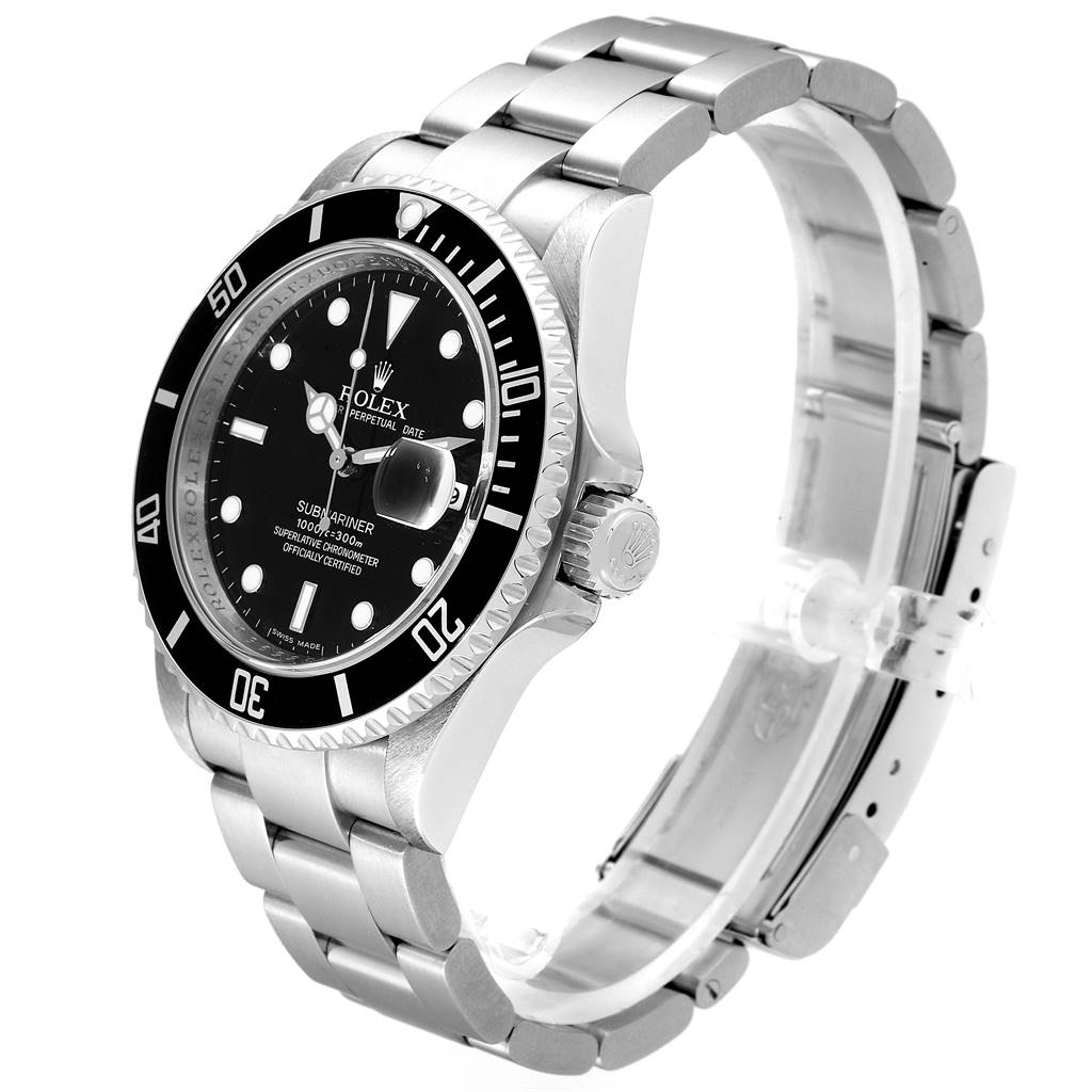 The Rolex Submariner 16610 Men
s Stainless Steel Black Dial 16610 Men
s Stainless Steel Black Dial watch is shown at an angled side view, highlighting its face, bezel, crown, and stainless steel bracelet.